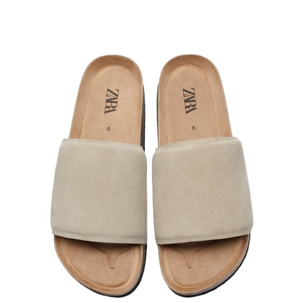 ZARA SPLIT SUEDE LEATHER SLIDERS BEIGE SIZE 12 | 2707/920/102
